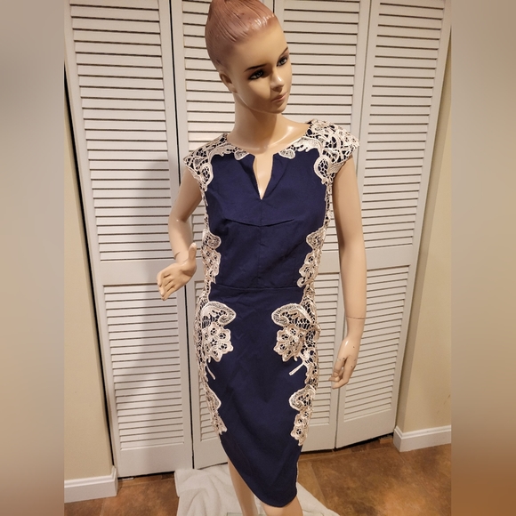 ModCloth Lakeside Libations Lace Trim Appliqué Midi Dress 6 Zipper Broke Read - Picture 2 of 7